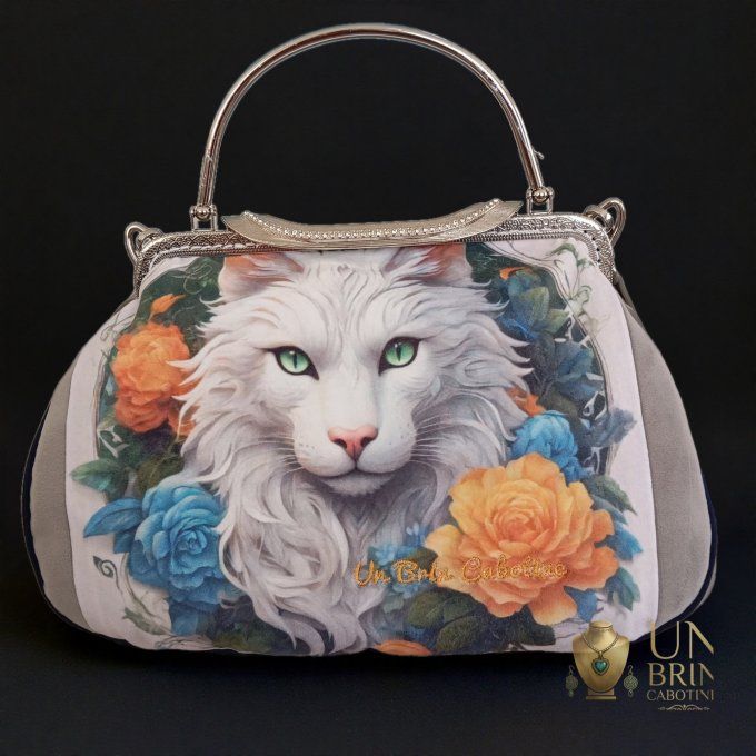 Sac XL Velours Gris & Chat Blanc – Pièce Unique