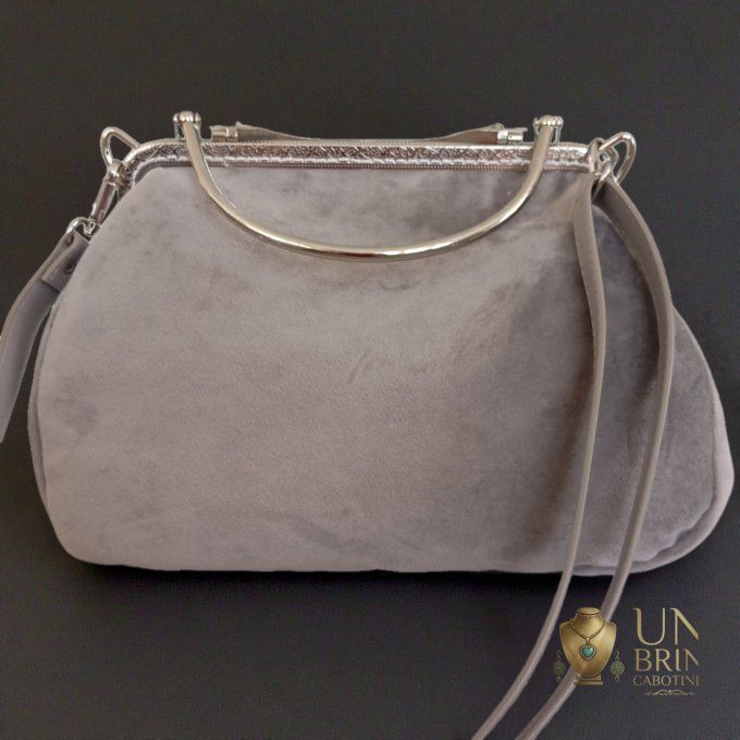 Sac XL Velours Gris & Chat Blanc – Pièce Unique