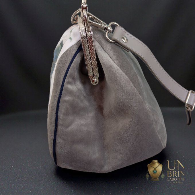Sac XL Velours Gris & Chat Blanc – Pièce Unique