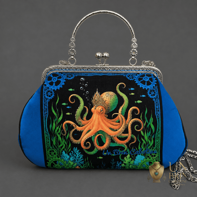 Sac Velours Bleu Électrique & Pieuvre Couronnée – Pièce Unique