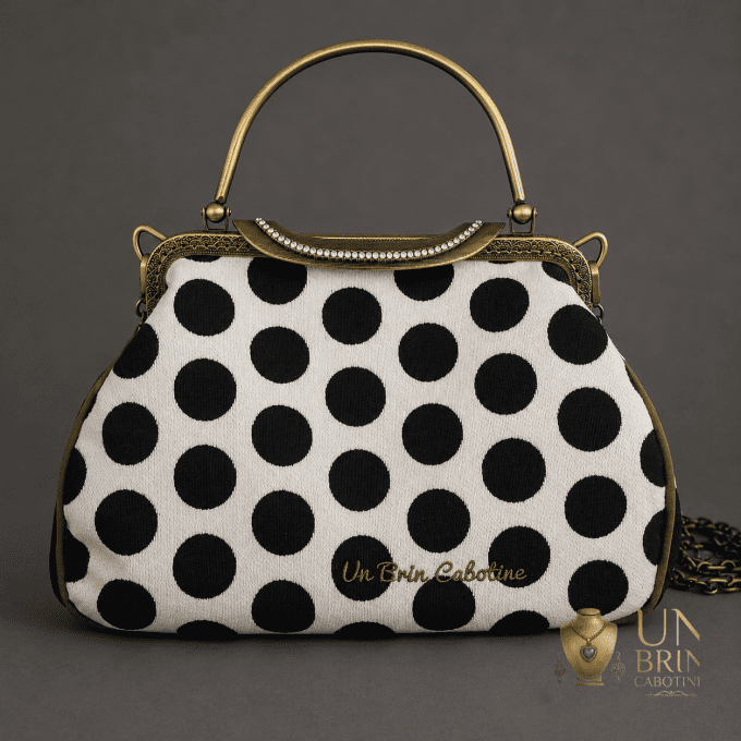 Sac Velours Noir & Gros Pois Rétro (Grand Format XL) – Pièce Unique
