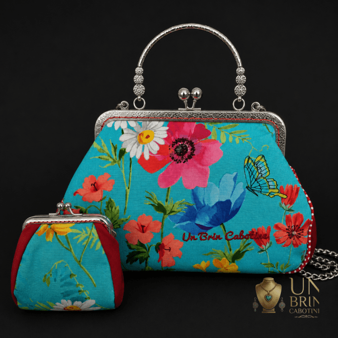 Sac Velours Rouge & Lagon Fleuri – Pièce Unique