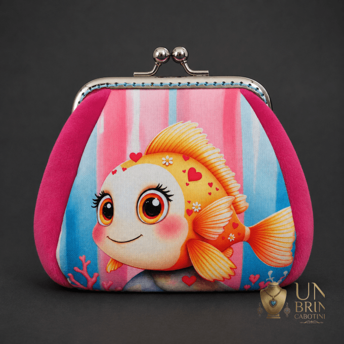 Porte-Monnaie Rétro Fermoir Clic-Clac « Poisson Clown & Velours Rose »