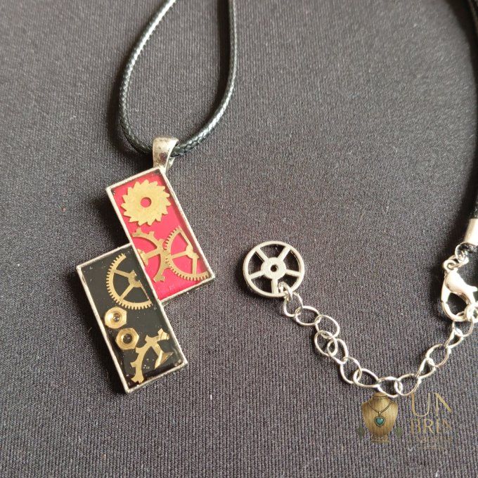 Pendentif Steampunk Double Rectangles « Dualité Mécanique » avec Véritables Pièces d'Horlogerie