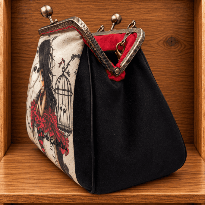 Sac Rétro Fermoir Clic-Clac « Filette & Fantômes » en Velours Noir
