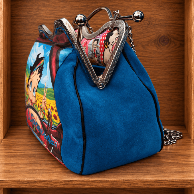 Sac Rétro Fermoir Clic-Clac « Betty Boop » en Velours Bleu Électrique