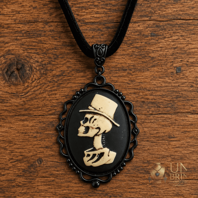 Pendentif Camée Gothique « Le Dandy d'Outre-Tombe » en Résine et Velours Noir