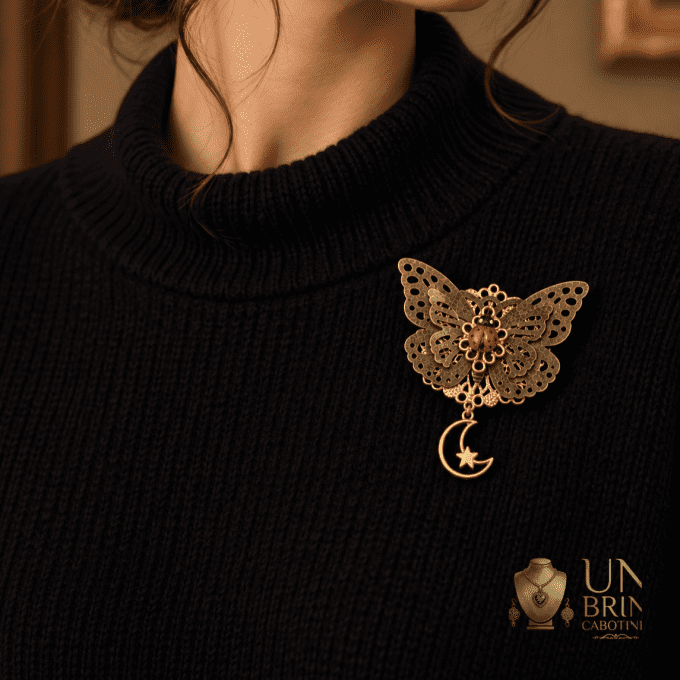 Broche Papillon & Coccinelle « Le Songe Céleste » en Métal Bronze et Doré