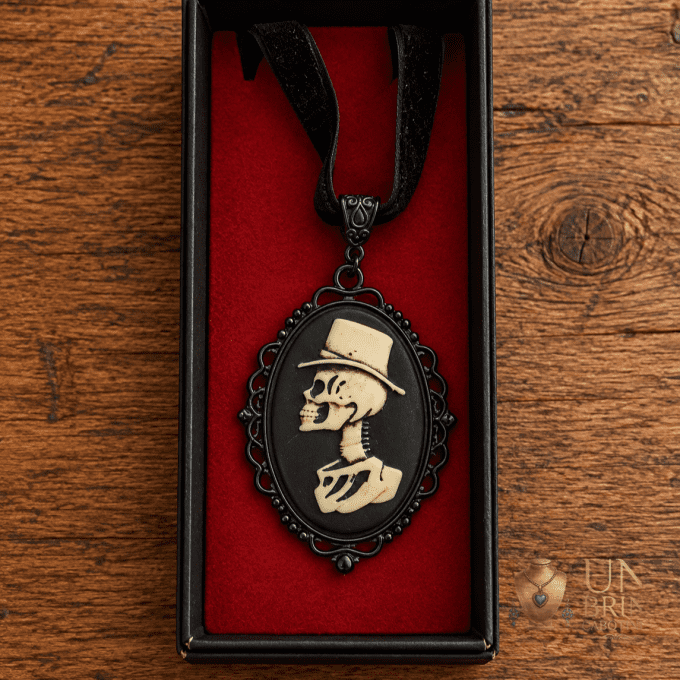 Pendentif Camée Gothique « Le Dandy d'Outre-Tombe » en Résine et Velours Noir