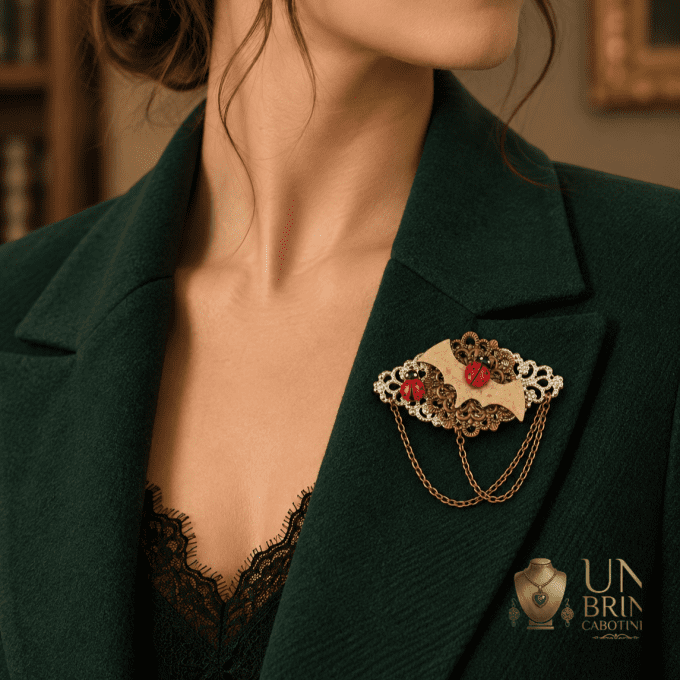 Broche Chauve-Souris & Coccinelles « Vol Nocturne » avec Chaînettes Drapées