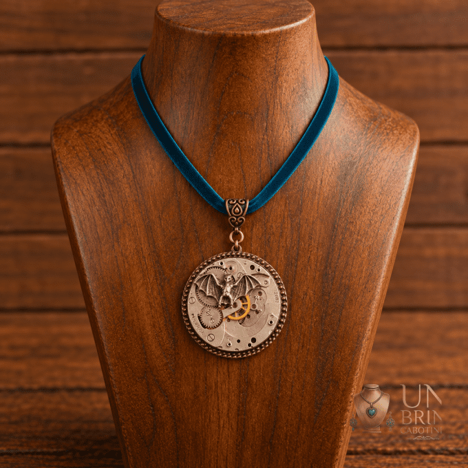 Pendentif Steampunk « Nocturne » à Chauve-Souris et Mécanisme d’Horlogerie