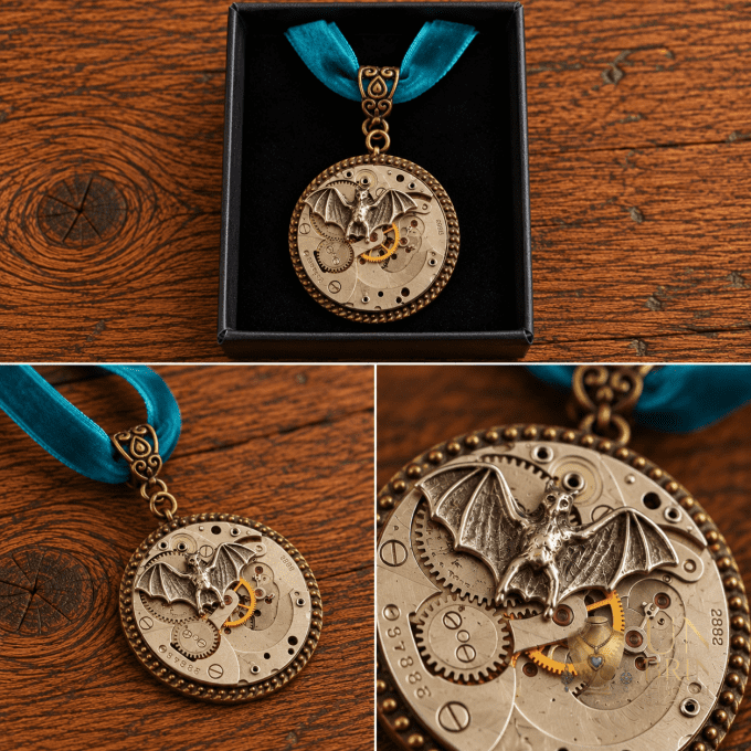Pendentif Steampunk « Nocturne » à Chauve-Souris et Mécanisme d’Horlogerie