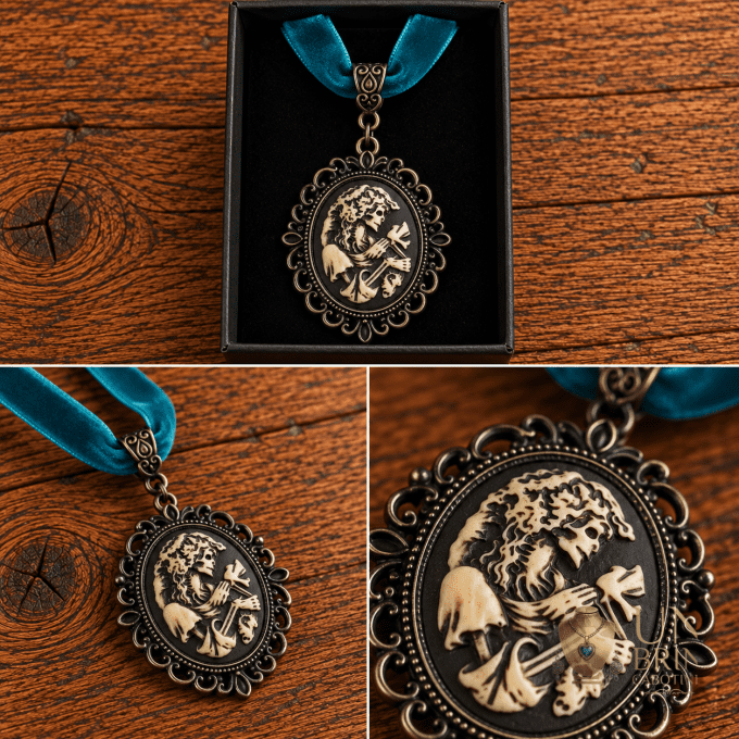 Pendentif Camée Gothique « La Dame d'Outre-Tombe » en Résine et Velours Bleu-Vert