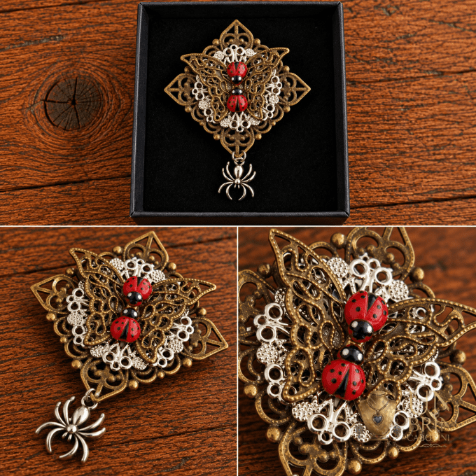 Broche Filigranée « Cabinet de Curiosités » avec Coccinelles et Pampille Araignée