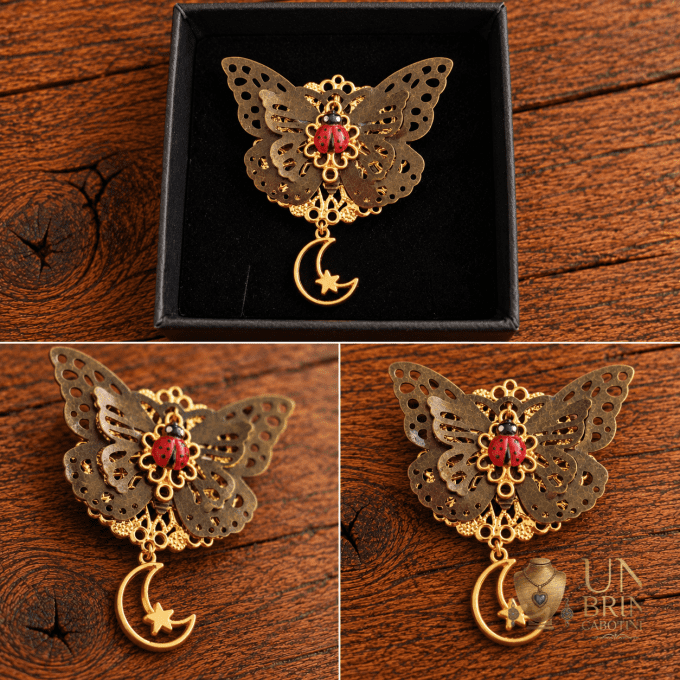 Broche Papillon & Coccinelle « Le Songe Céleste » en Métal Bronze et Doré