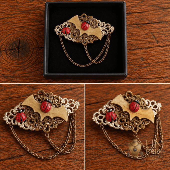 Broche Chauve-Souris & Coccinelles « Vol Nocturne » avec Chaînettes Drapées