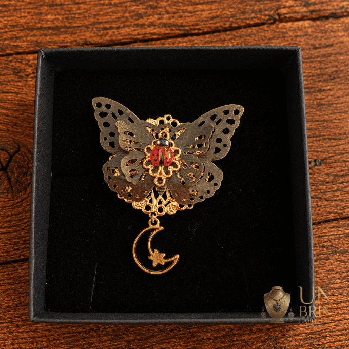 Broche Papillon & Coccinelle « Le Songe Céleste » en Métal Bronze et Doré