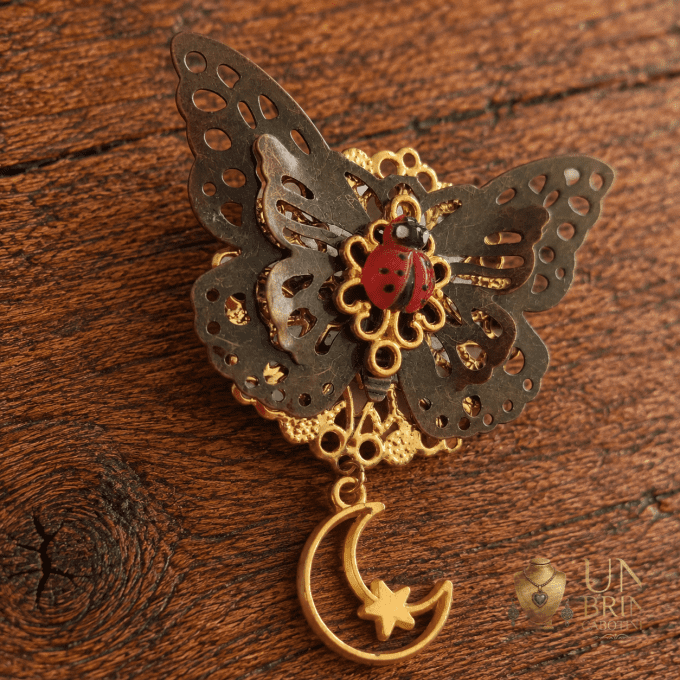 Broche Papillon & Coccinelle « Le Songe Céleste » en Métal Bronze et Doré