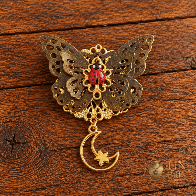 Broche Papillon & Coccinelle « Le Songe Céleste » en Métal Bronze et Doré