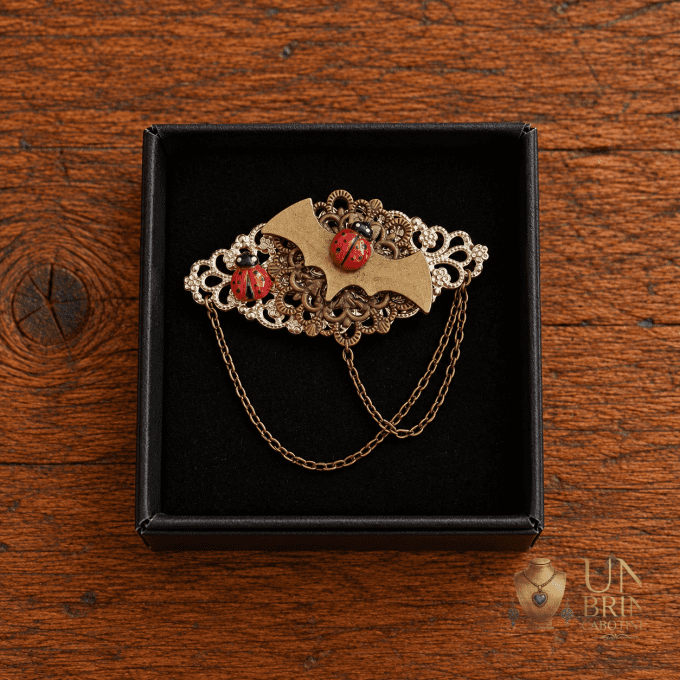 Broche Chauve-Souris & Coccinelles « Vol Nocturne » avec Chaînettes Drapées