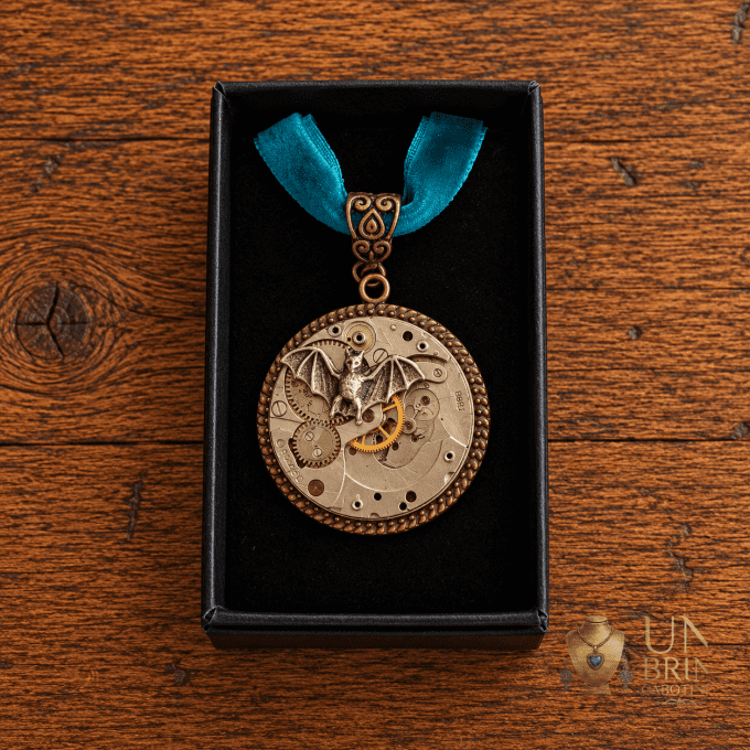 Pendentif Steampunk « Nocturne » à Chauve-Souris et Mécanisme d’Horlogerie