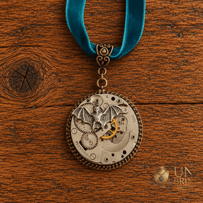 Pendentif Steampunk « Nocturne » à Chauve-Souris et Mécanisme d’Horlogerie