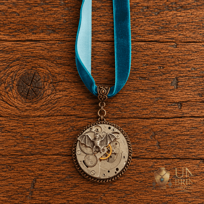 Pendentif Steampunk « Nocturne » à Chauve-Souris et Mécanisme d’Horlogerie