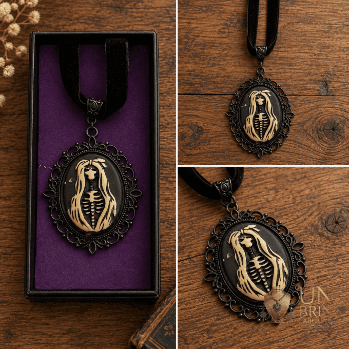 Pendentif Camée Gothique « La Fiancée Macabre » en Résine et Velours Noir