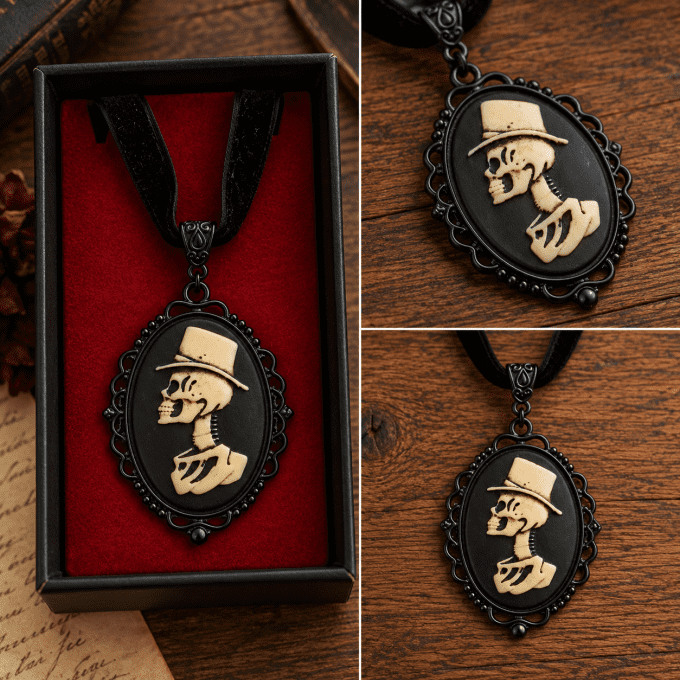 Pendentif Camée Gothique « Le Dandy d'Outre-Tombe » en Résine et Velours Noir