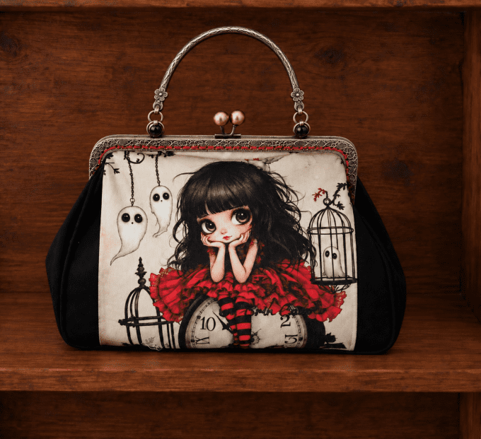 Sac Rétro Fermoir Clic-Clac « Filette & Fantômes » en Velours Noir