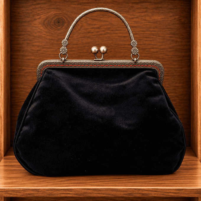 Sac Rétro Fermoir Clic-Clac « Filette & Fantômes » en Velours Noir