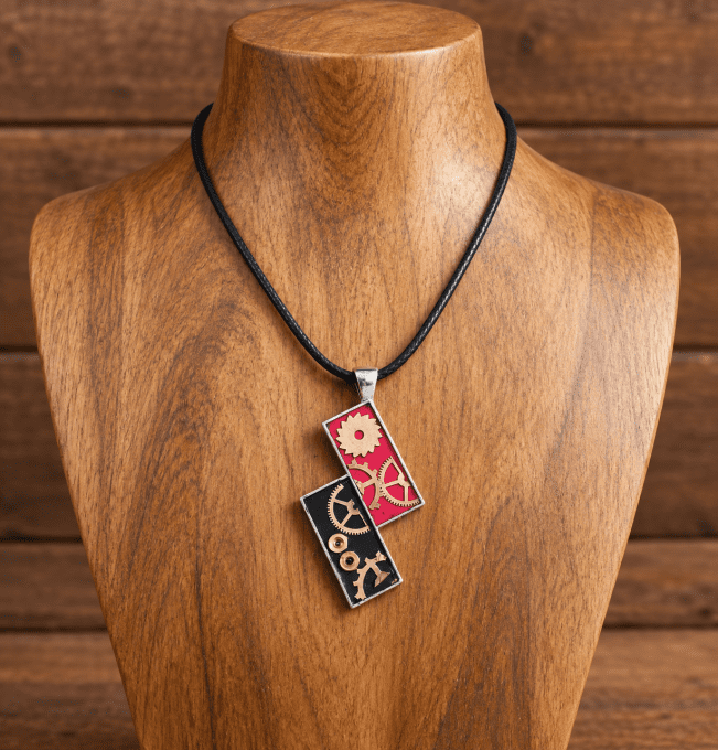 Pendentif Steampunk Double Rectangles « Dualité Mécanique » avec Véritables Pièces d'Horlogerie