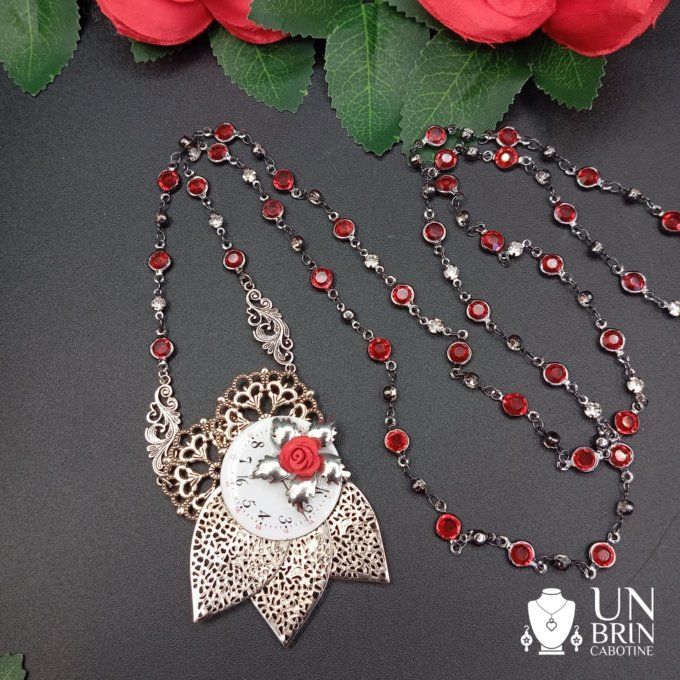 Pendentif sautoir, argent et rouge