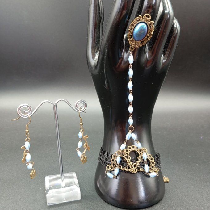 Bague bracelet chapelet bleu ciel
